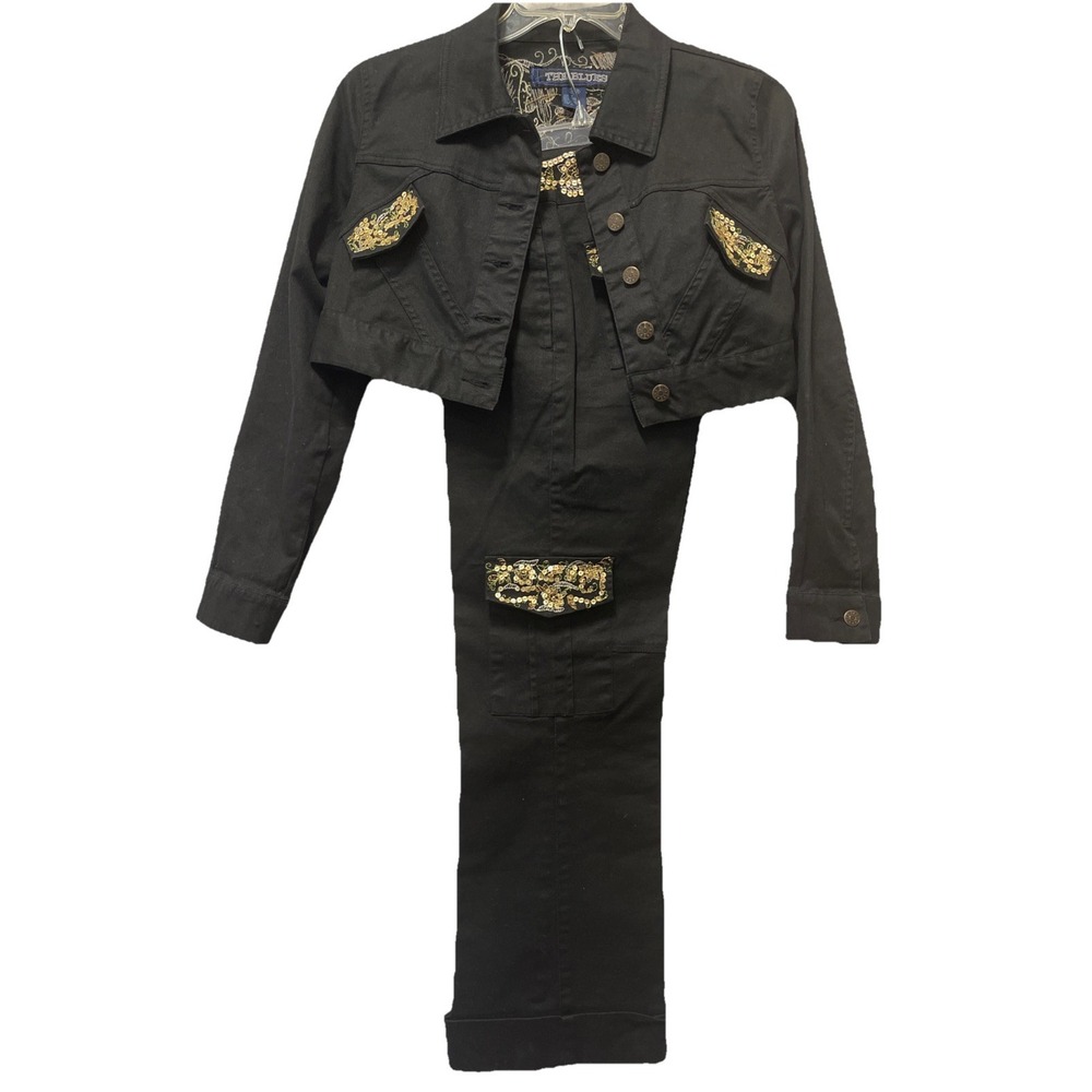 Vintage Y2K The Blues Black  Sequined Cropped Jacket & Low Rise Jeans Juniors M